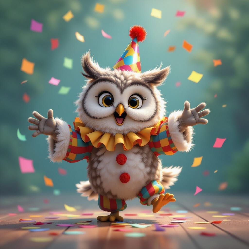 Funny Owl in Clown Costume with Party Hat