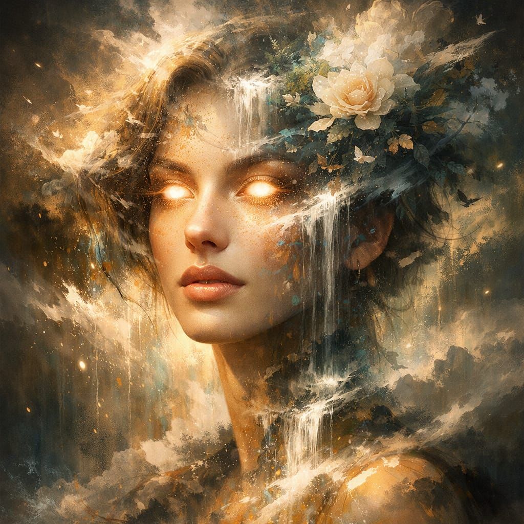 Surreal Luxury Portrait: Woman Merging With Nature