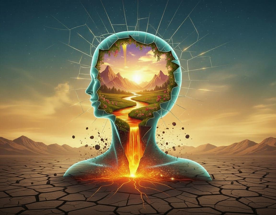 Glass Woman Emerges From Cracked Earth, Surreal Landscape