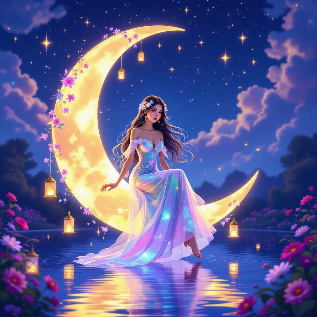 Ethereal Fairy on Moonlit Lake with Lanterns