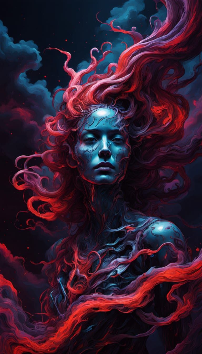 Biomechanical Surrealist Figure Lost in Dark, Eerie Landscap...