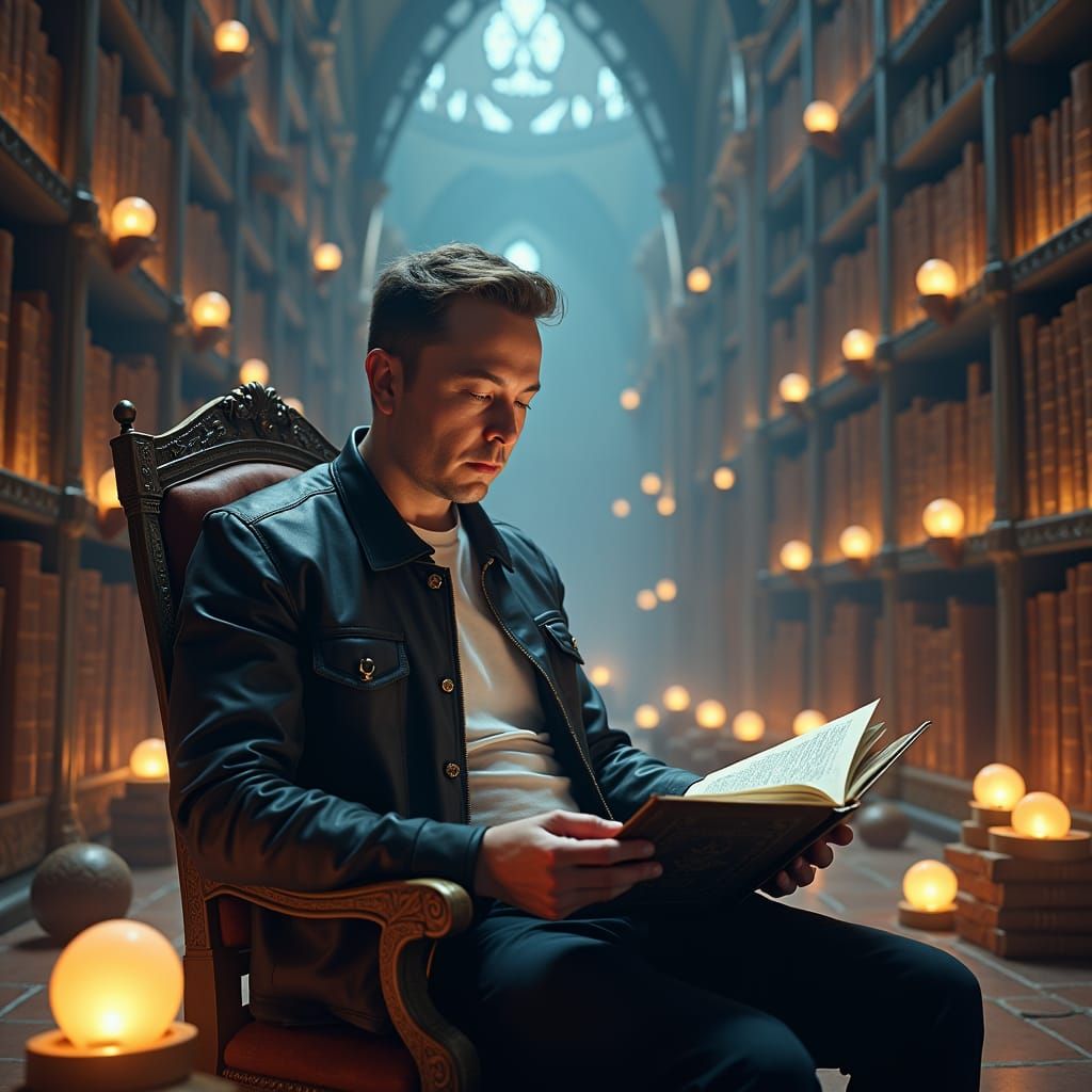 Elon Musk in a Mystical Library, Matte Painting