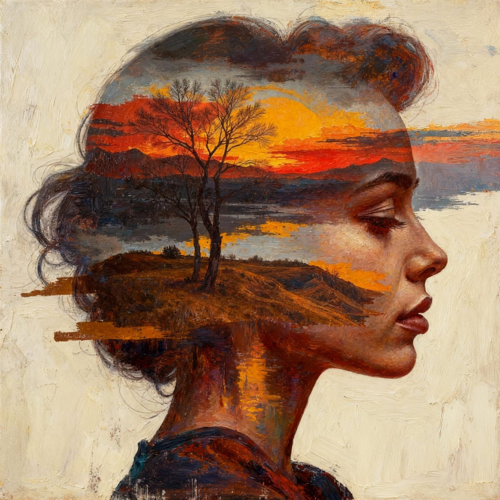 Mixed Media Oil Painting: Double Exposure of Beauty