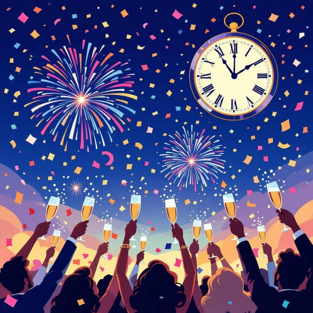 New Year's Eve Celebration with Fireworks and Champagne