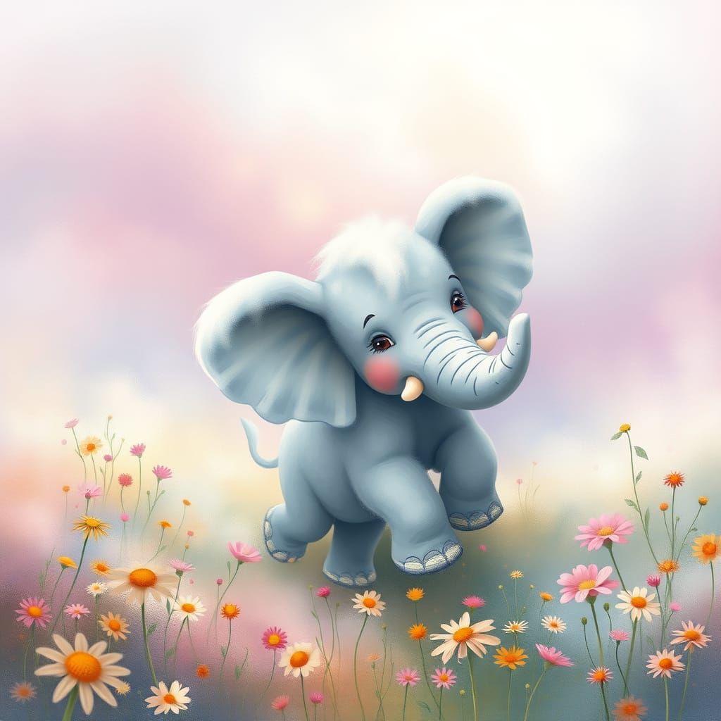 Whimsical Elephant in Vibrant Dreamy Meadow