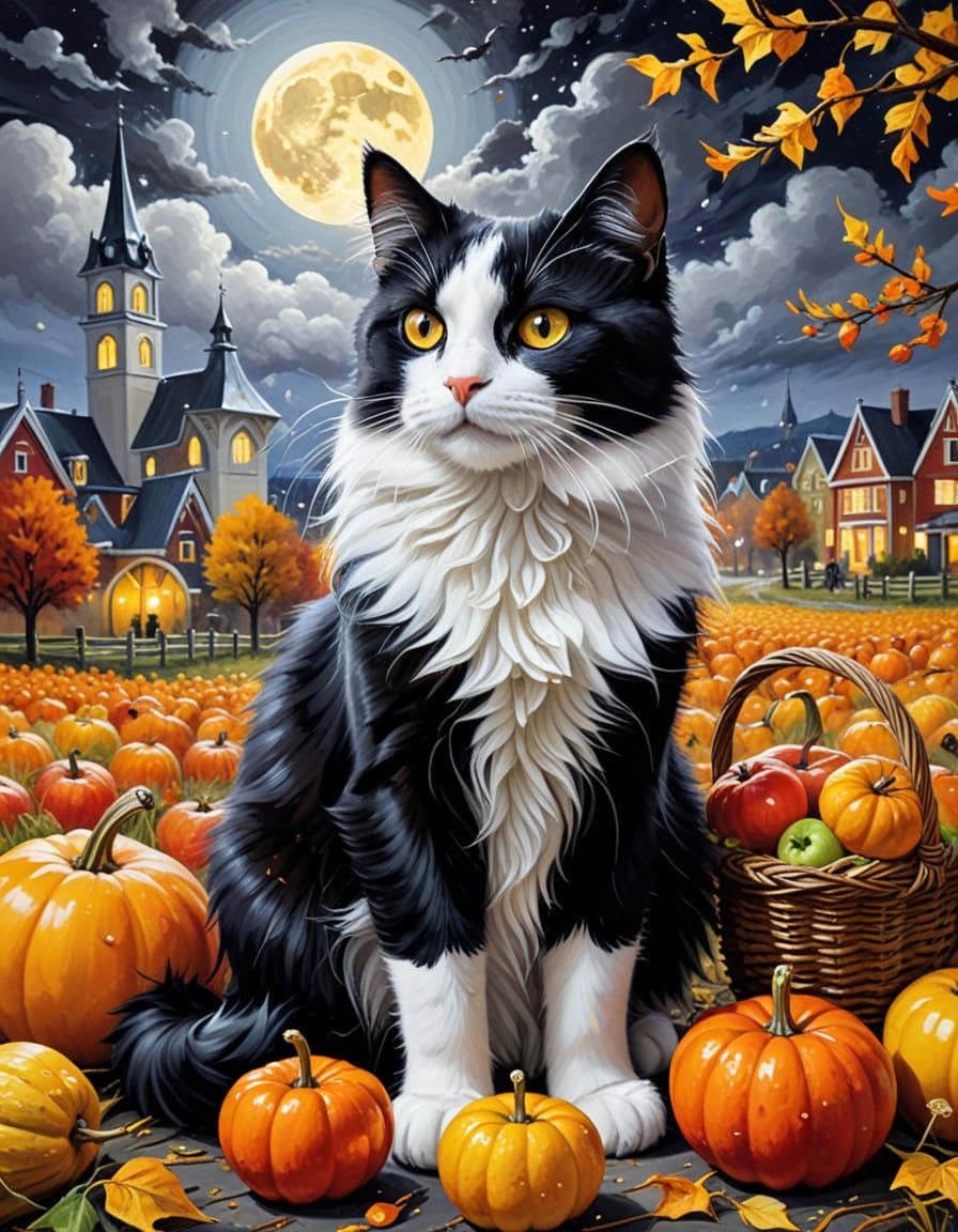 Steampunk Cat in Autumn Harvest Night