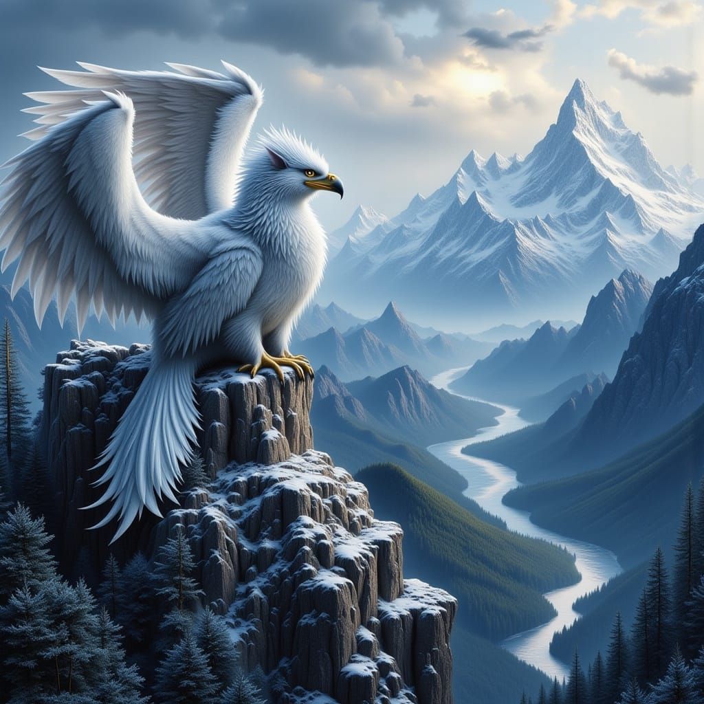 Griffin on Snow-Capped Peak in Hyperrealistic Style