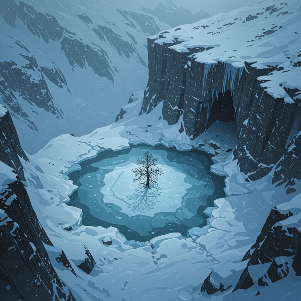 Eerie Frozen Pond Bird's-Eye View in Digital Painting Style