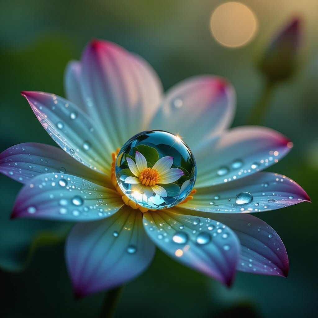 Dewdrop Reflecting Greenhouse on Lotus Petal