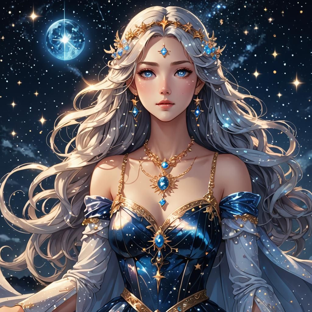 Anime Goddess in Starry Night Sky
