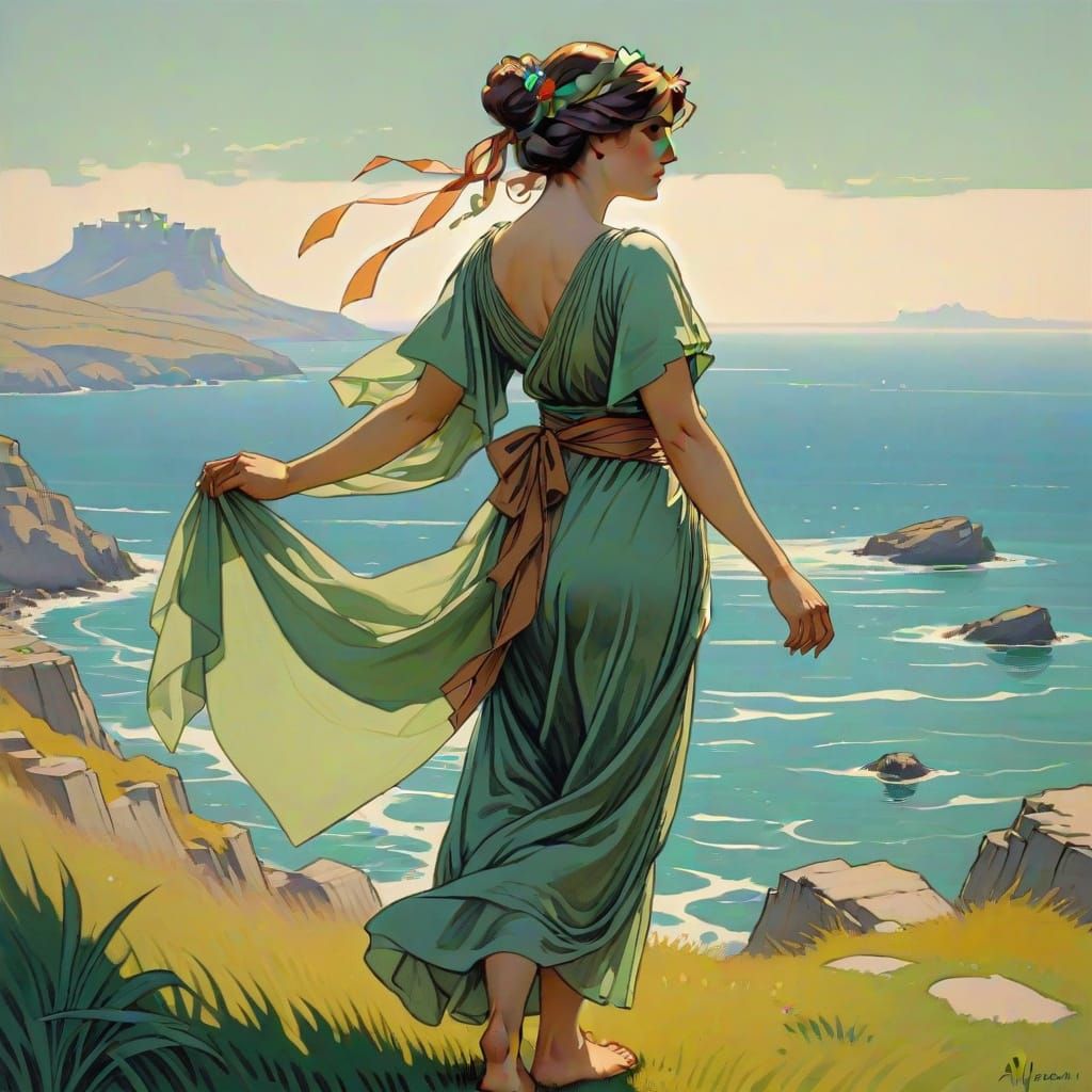 Ancient Greek Woman Overlooking the Sea in Art Nouveau Style