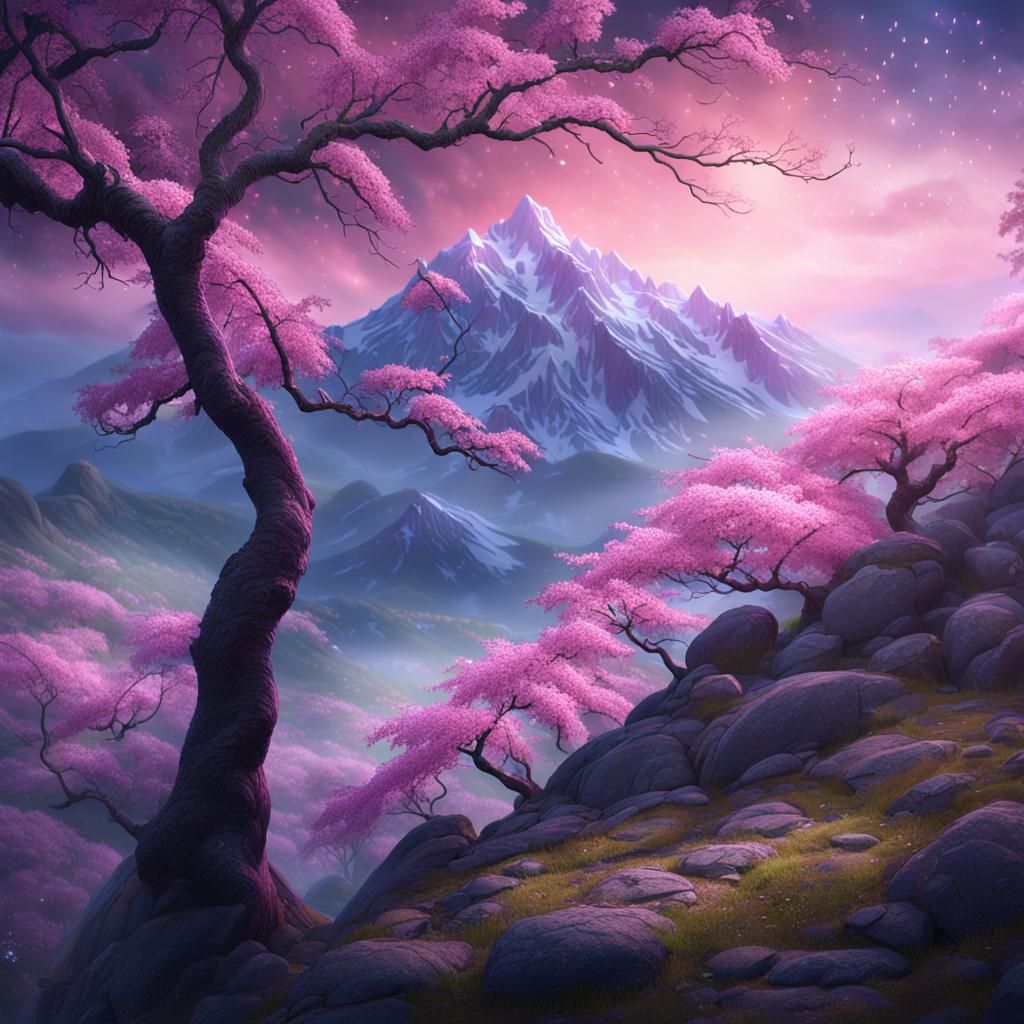 Pink Cherry Blossom on Mountain, Fantasy Concept Art
