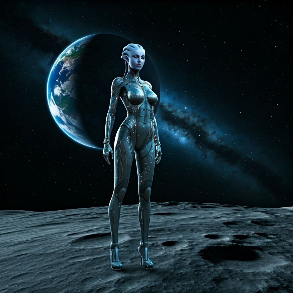 Ethereal Alien Superhero on Moon, Earth in Sky