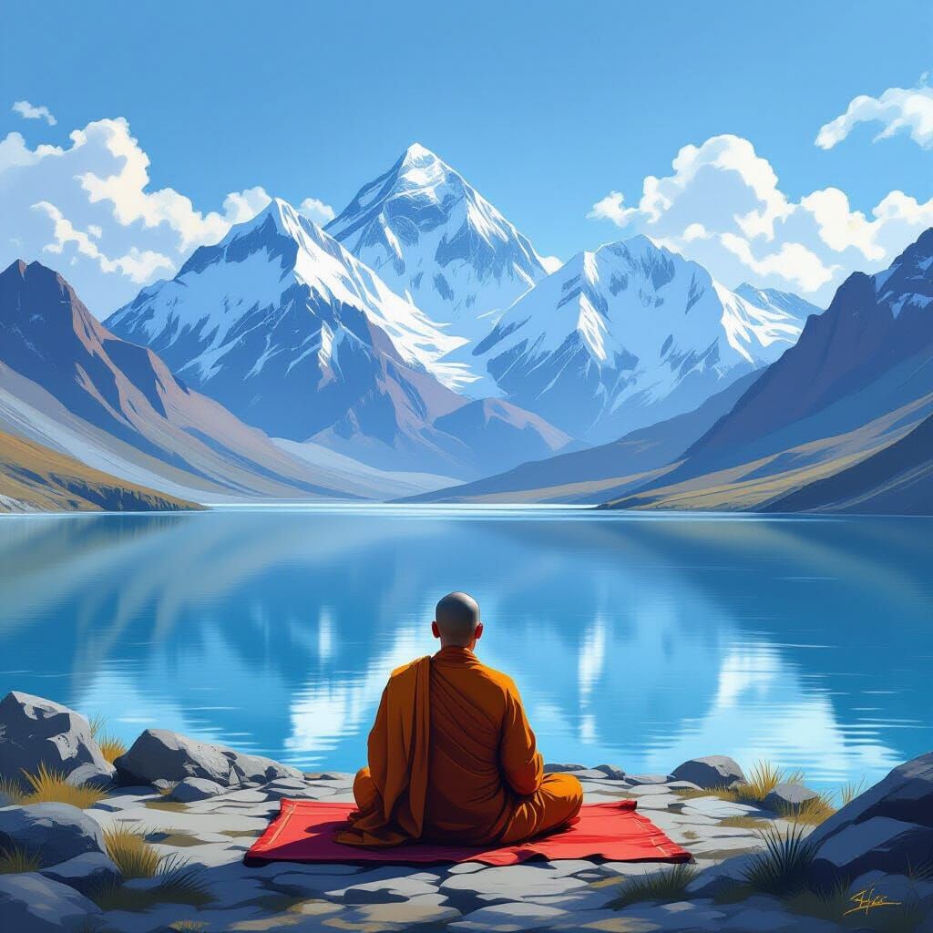 Monk Meditation at Kailash Man Sarovar in Thangka Style