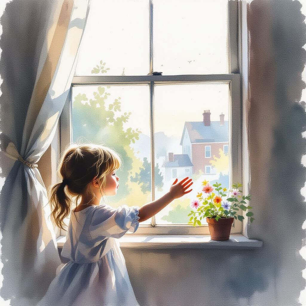 Girl Wakes Reaching for Absent Object in Sunlit Apartment