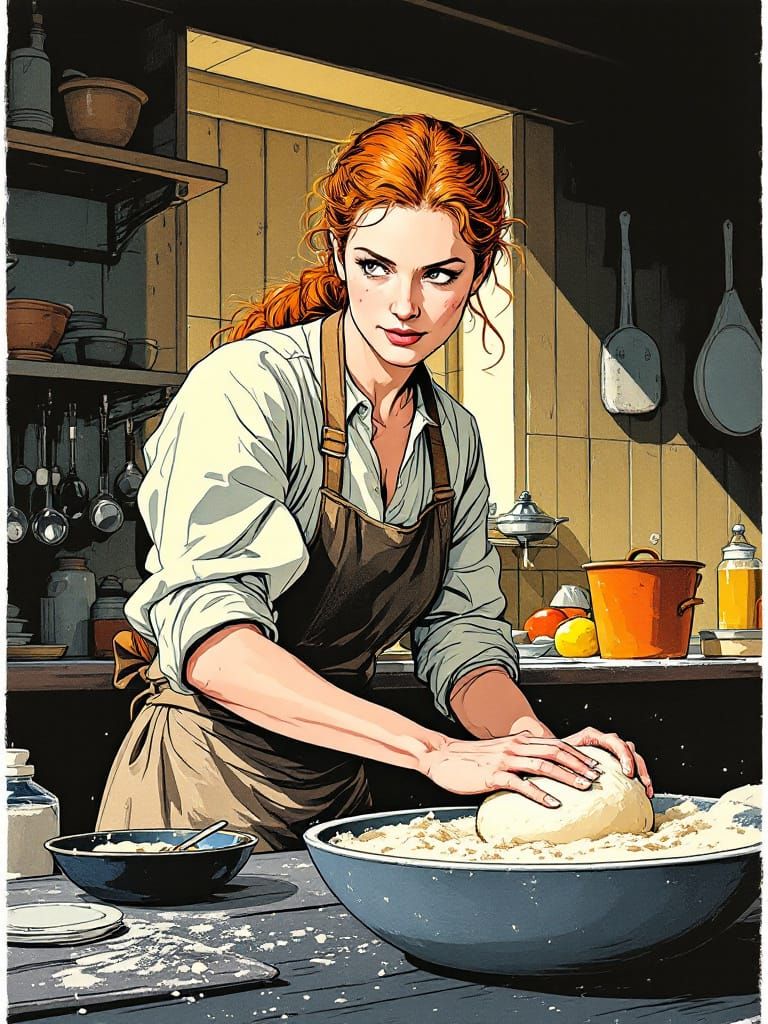 Redhead Baker Kneading Dough in Bustling Kitchen