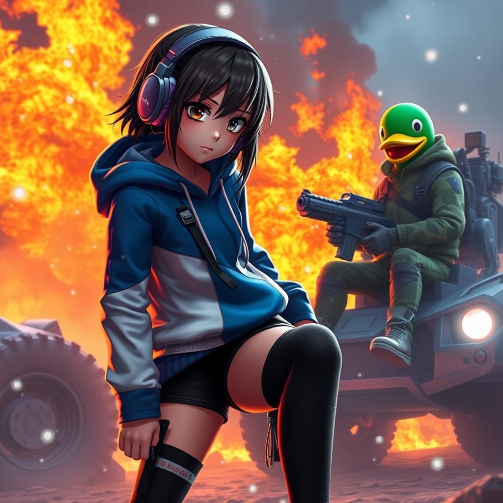 Girl Gaming in Fortnite with Duck Ally, Fantasy Art