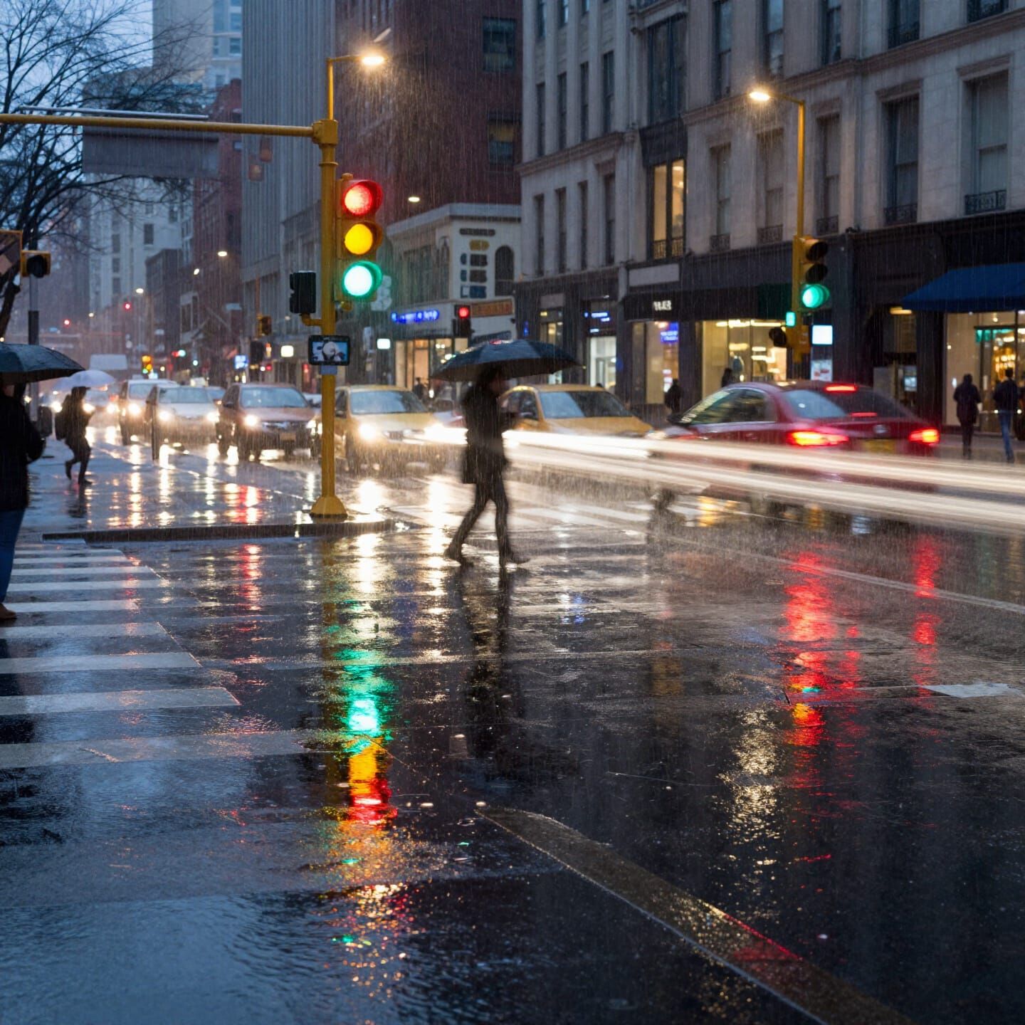 Urban Intersection in Rain: Impressionist Cityscape