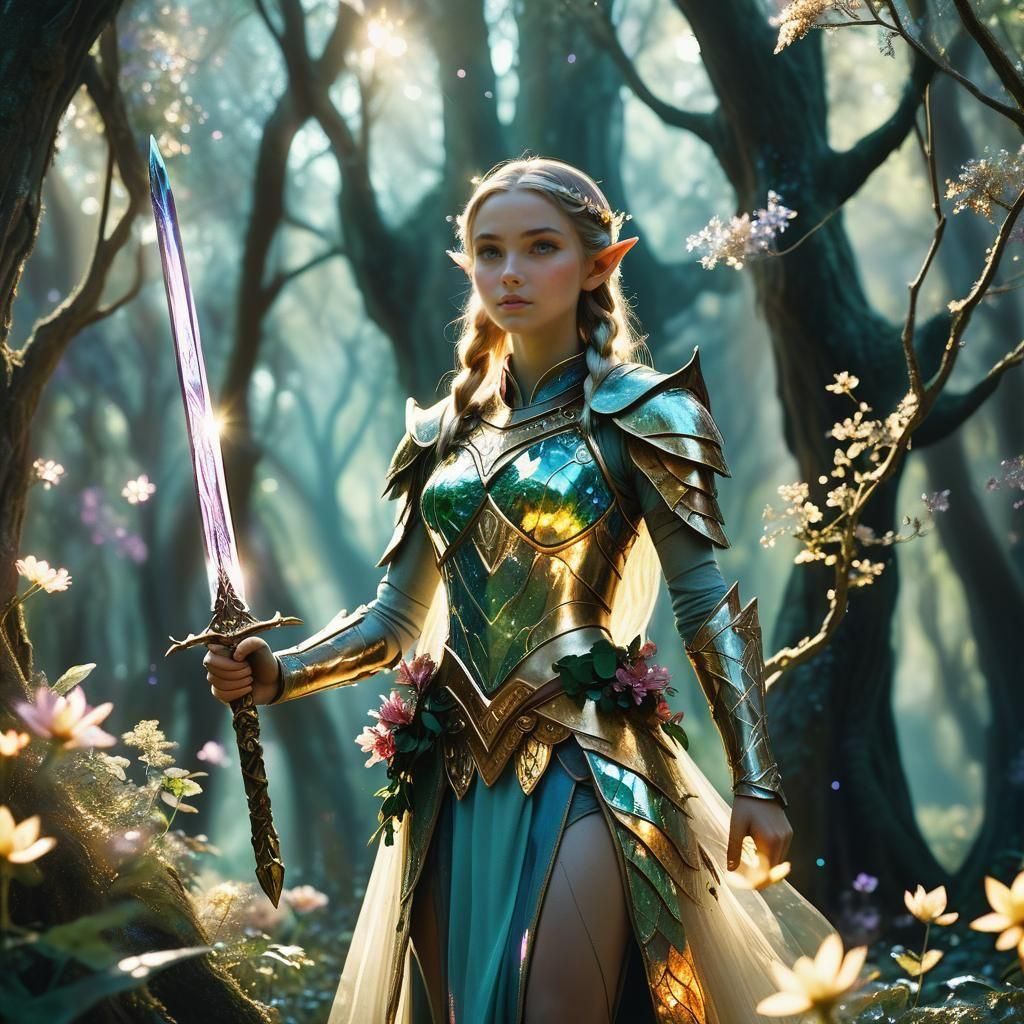 Elven Princess in Crystal Armor in Enchanted Forest