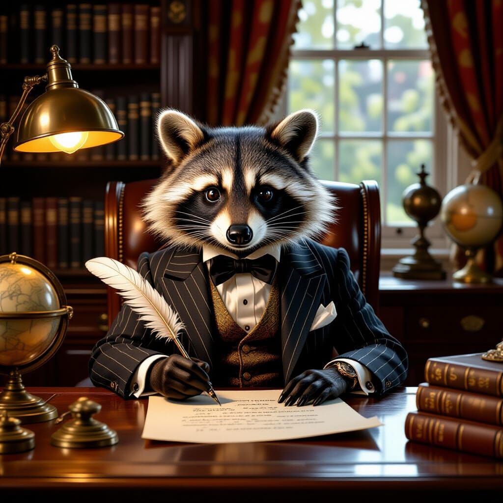 Raccoon Gentleman at His Desk, Rembrandt Style