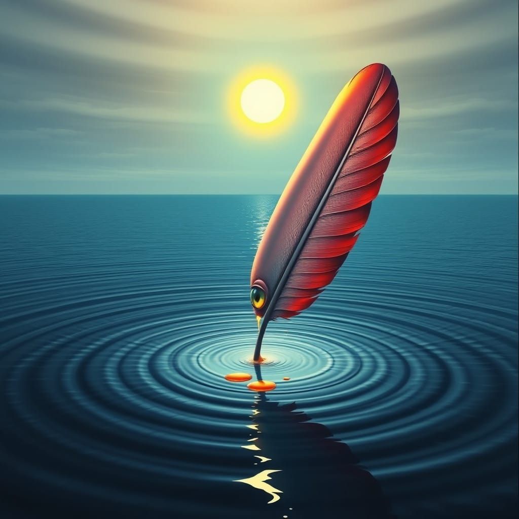 Surrealistic Oceanic Masterpiece with Iridescent Feather and...