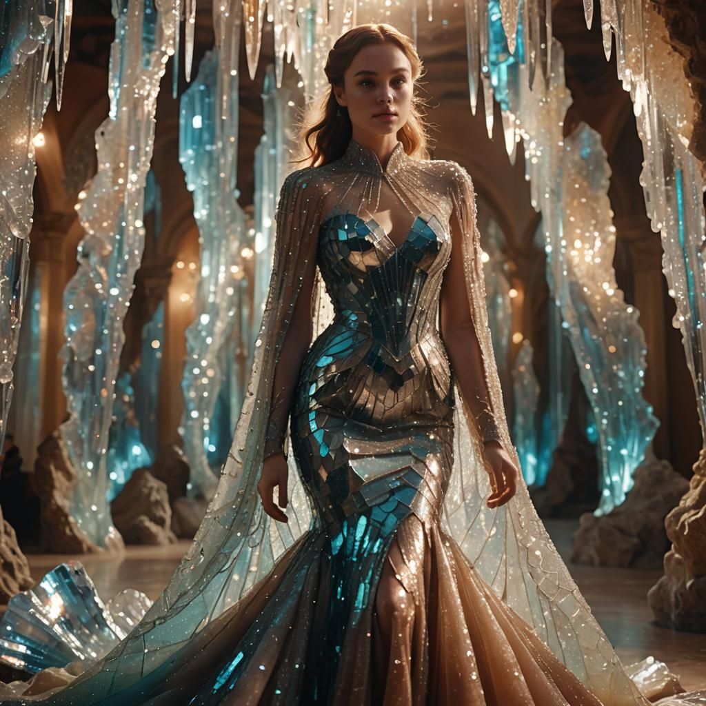 Crystal Gown in Ballroom: Hyperrealistic Macro Photography