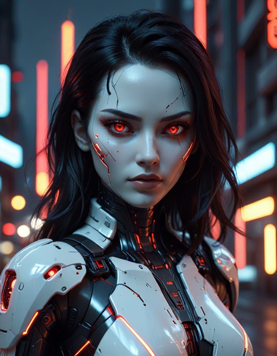 Cyberpunk Android in Neon Cityscape
