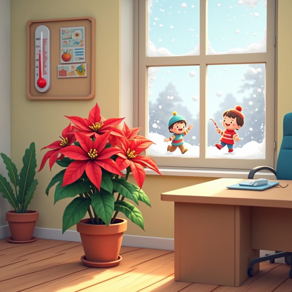 Chilling Cartoon Office Scene with Shivering Poinsettia