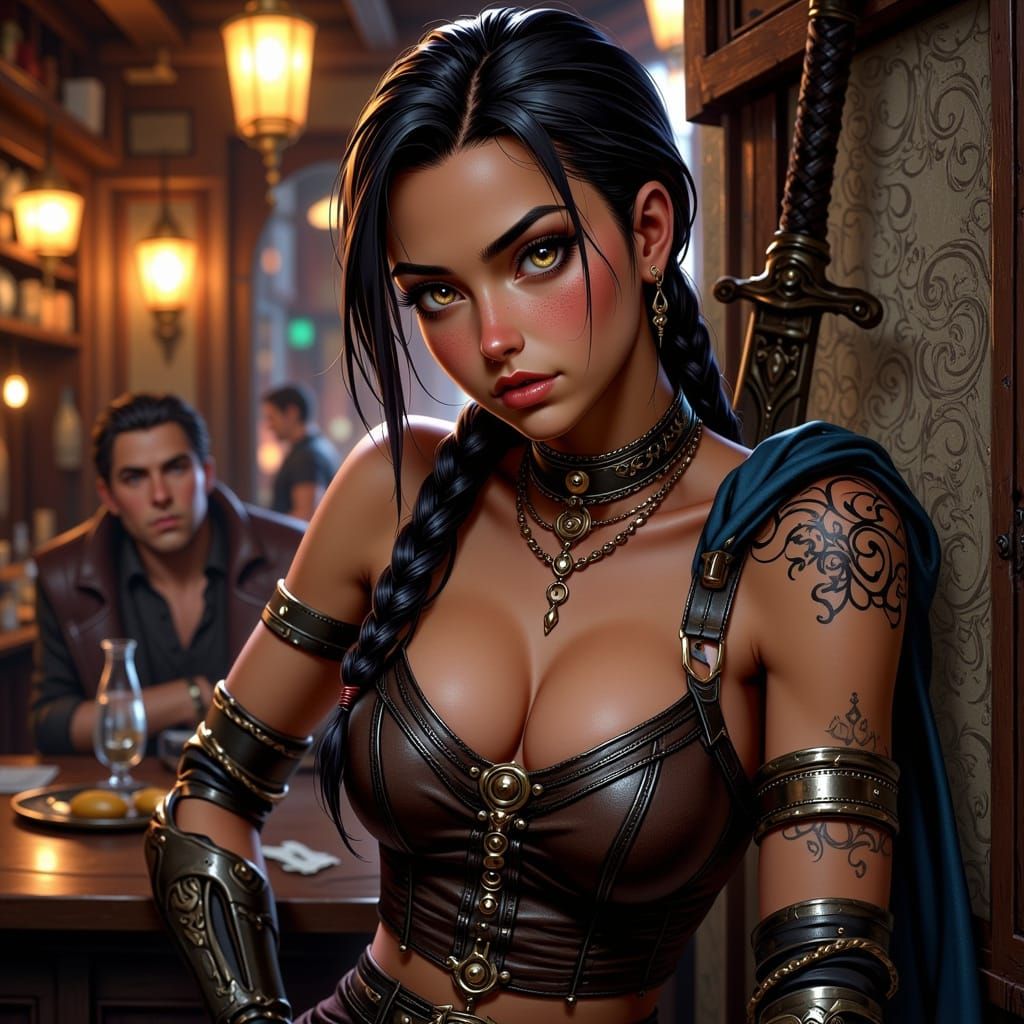 Tavern Mercenary Woman with Sword in Anime Style