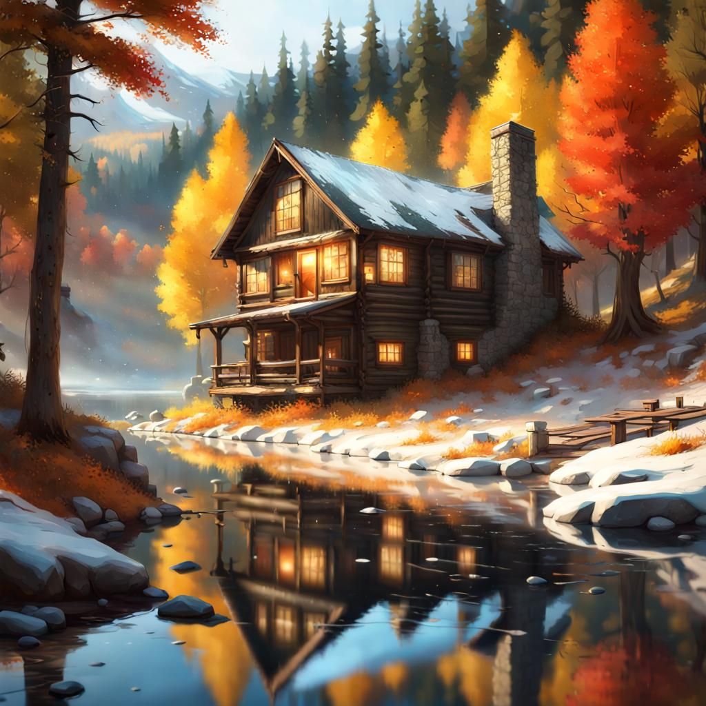Cozy Cabin by Mountain Lake in Autumn