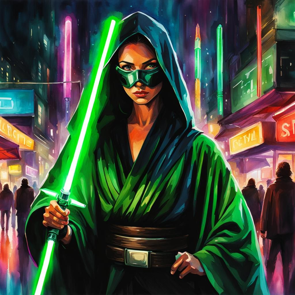 Jedi Master in Neon City, Watercolor Style