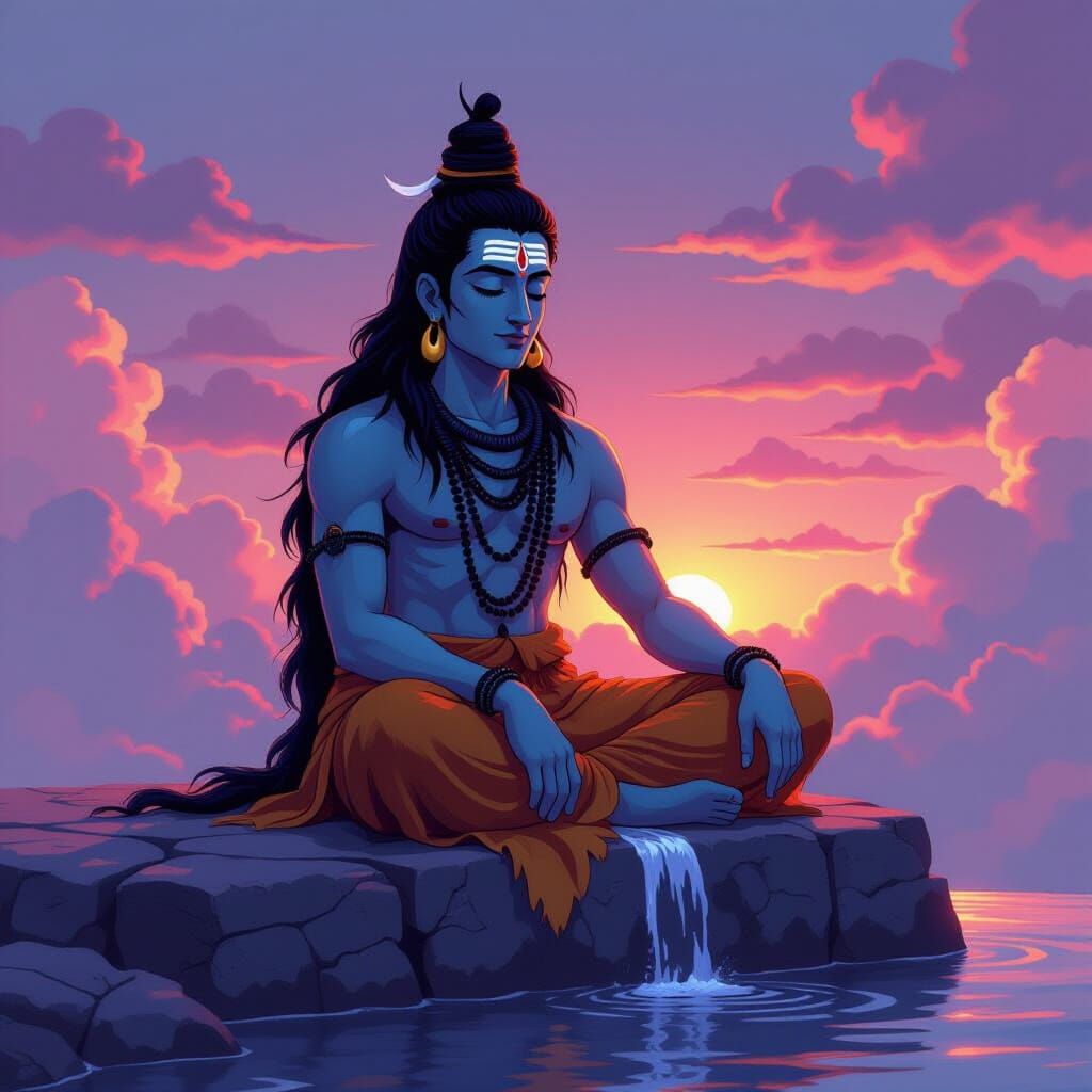 Lord Shiva Meditating in Ghibli-Style Twilight
