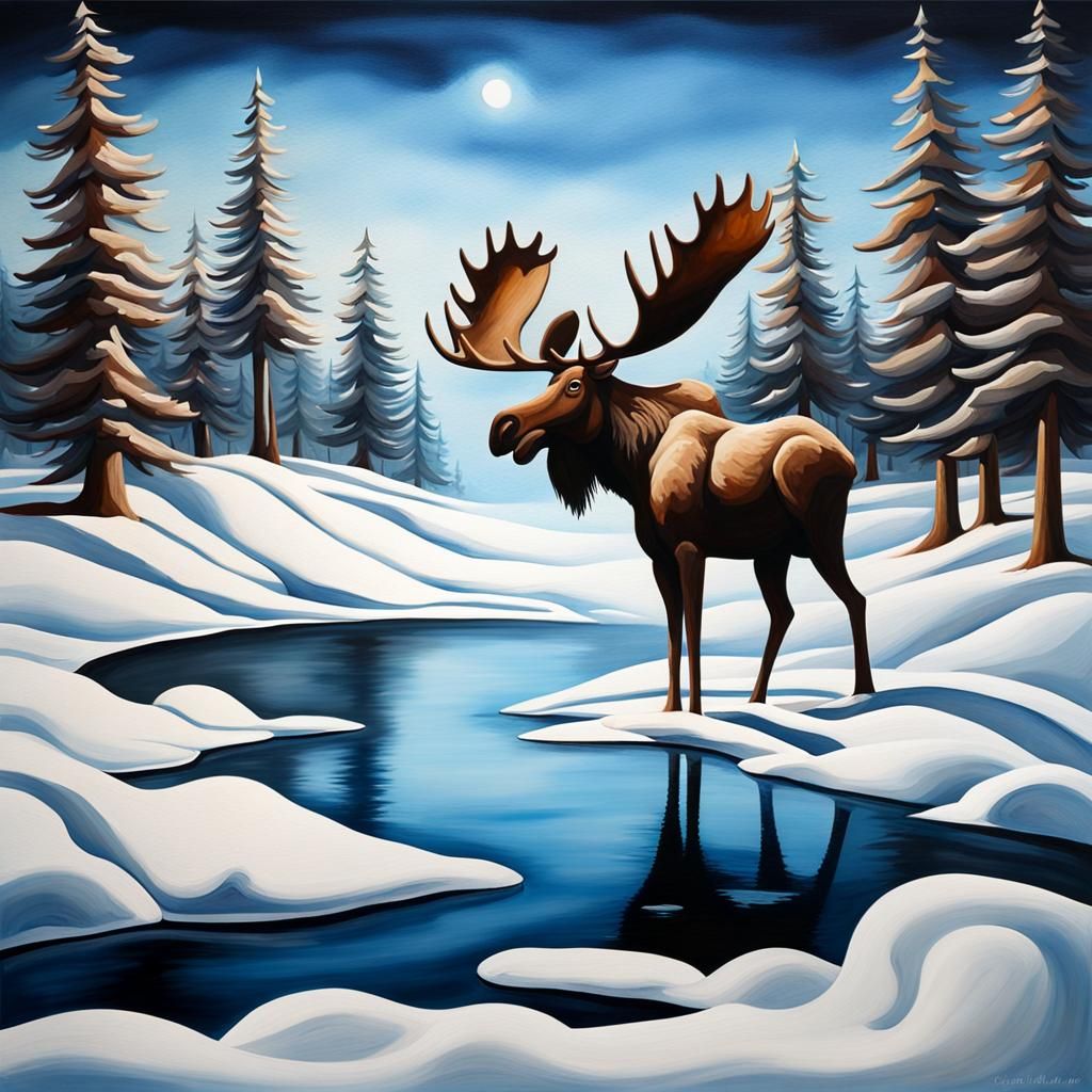 Surreal Winter Landscape with Moose: Acrylic Art