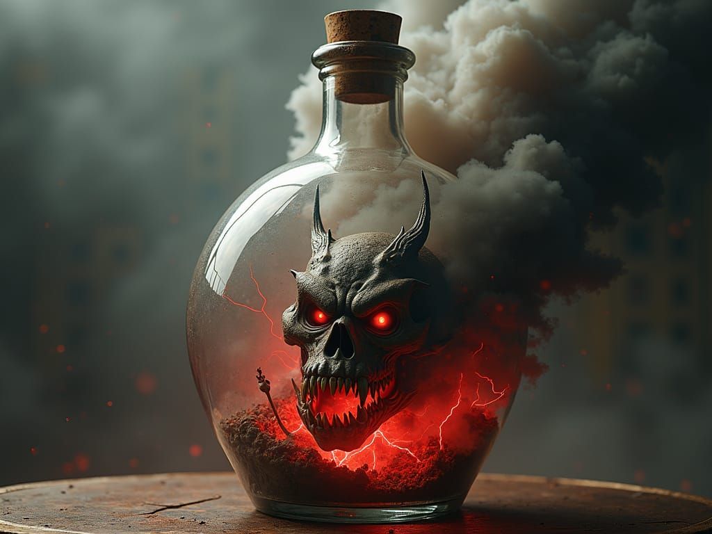 Ornate Bottle Imprisoning a Demon: Beksiński-Inspired