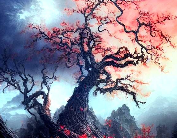 Fantasy Tree with Red Moons in Chinese Style