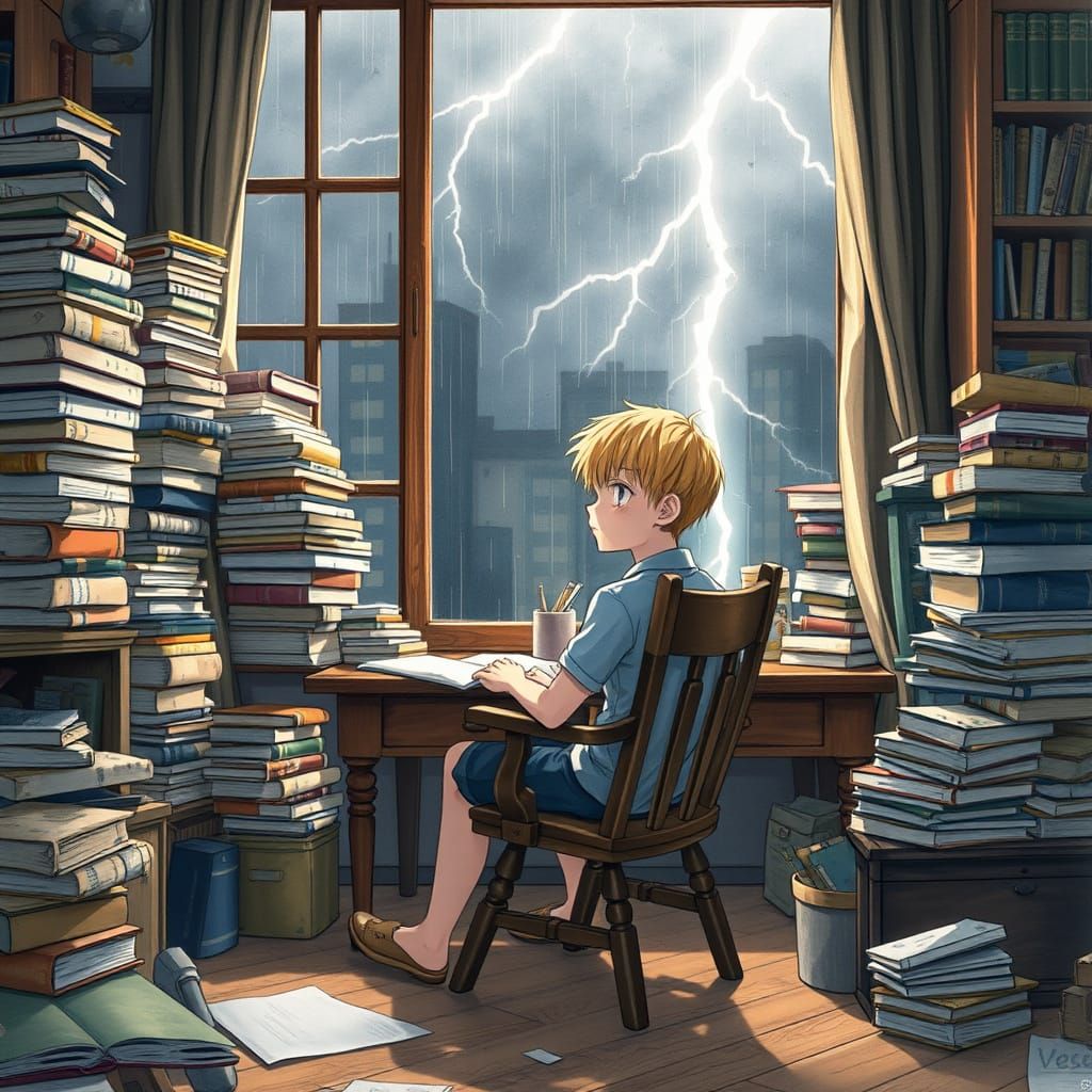 Study Boy Contemplates Rainy Day