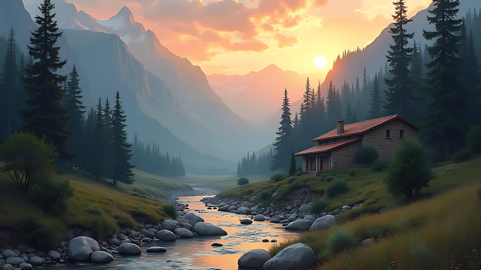 Valley with River Flowing Between Mountains