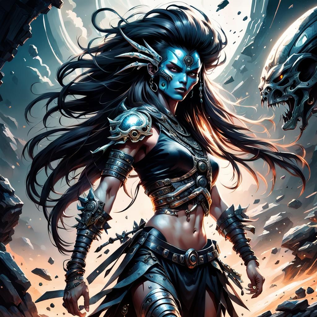 Alien Warrior Woman with Black Hair and Metal Implants