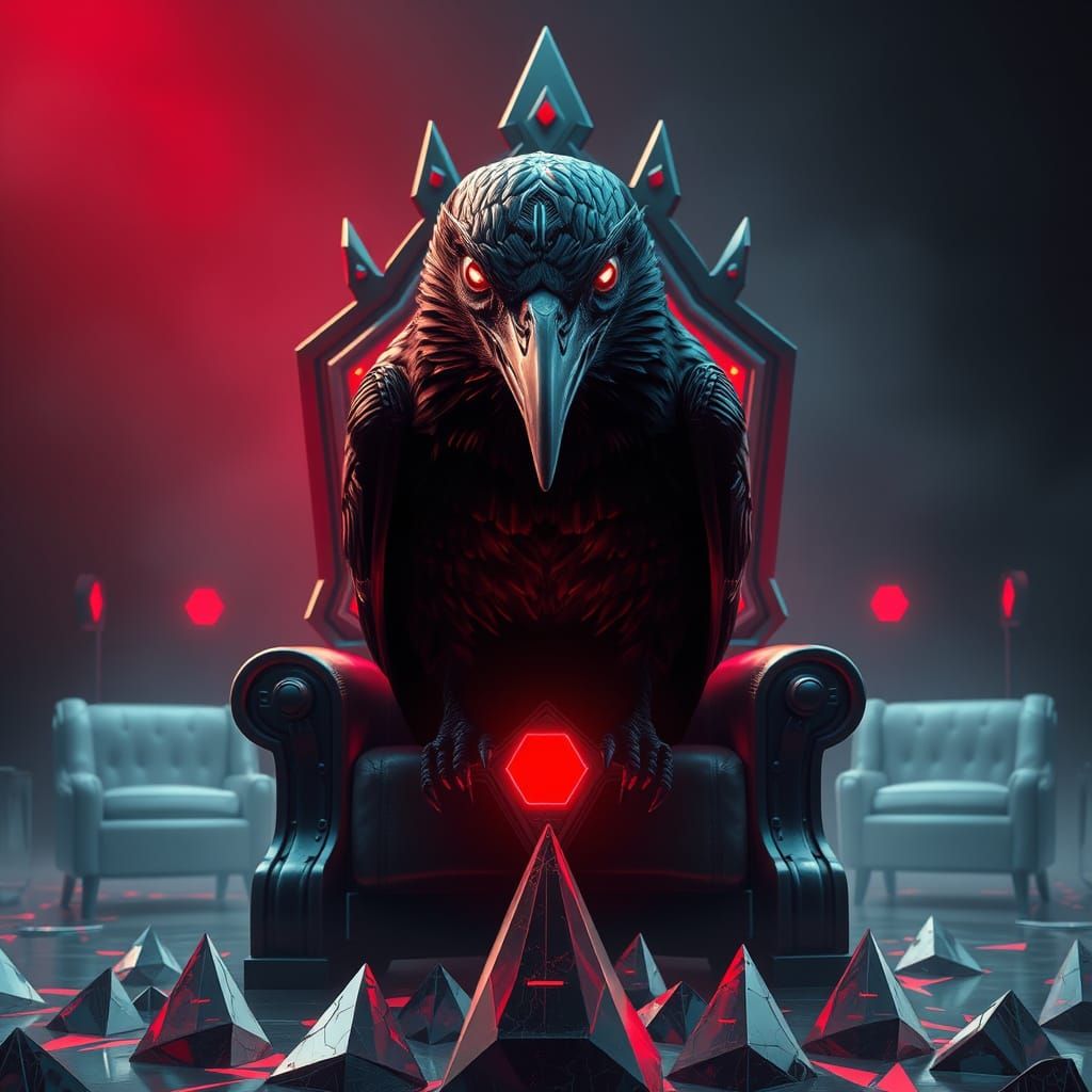 Cybernetic Raven King on Throne in Space