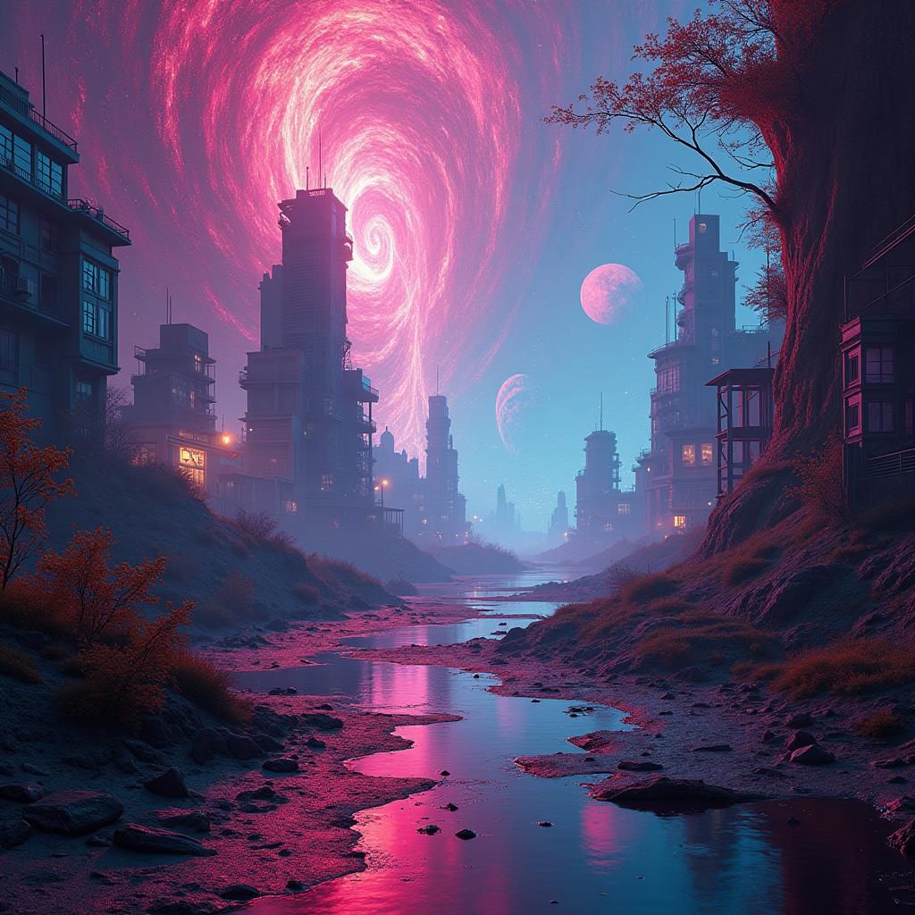 Dreamlike Cityscape with Unraveling Reality in Neon