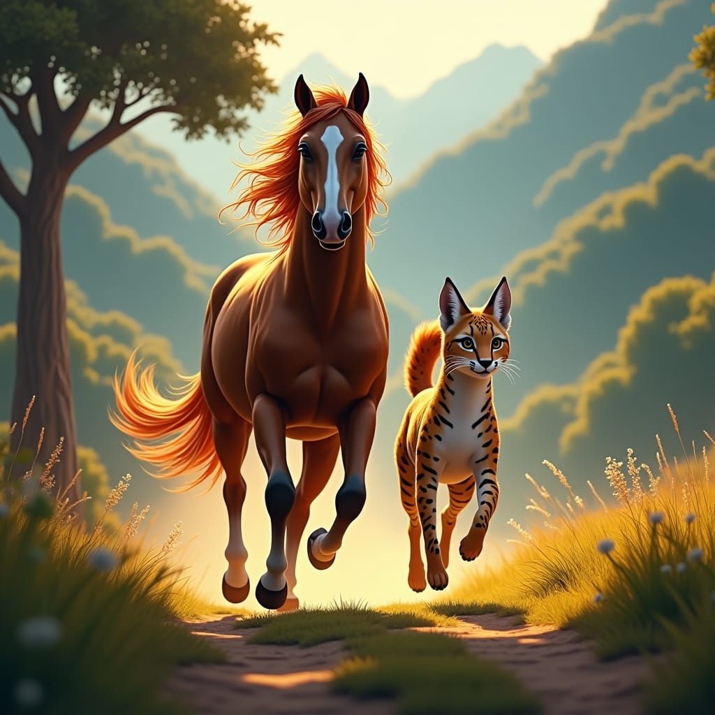 Horse and Bobcat Running in Lush Landscape