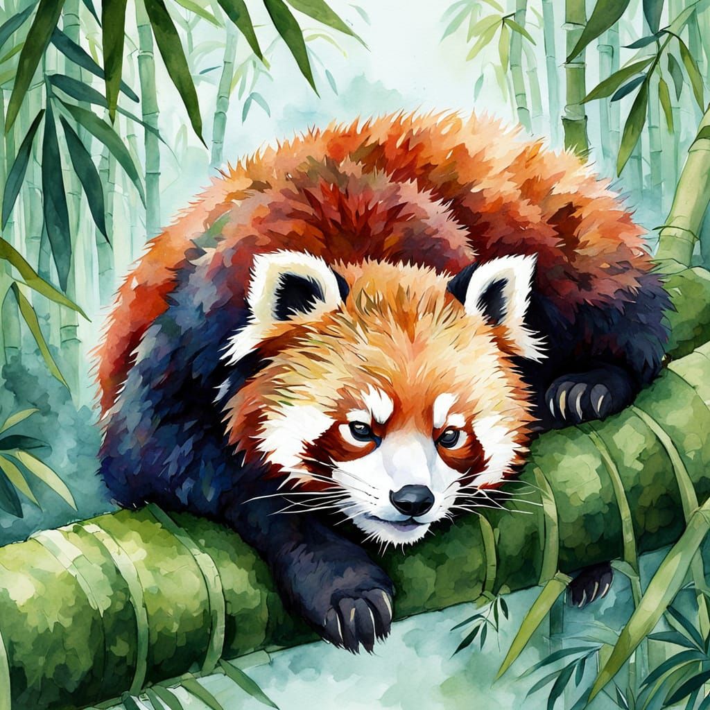 Red Panda Sleeping in Misty Bamboo Forest - Watercolor Art