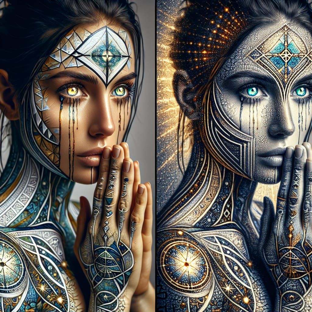 Hyperrealistic Goddess of Sacred Geometry in Golden Hour