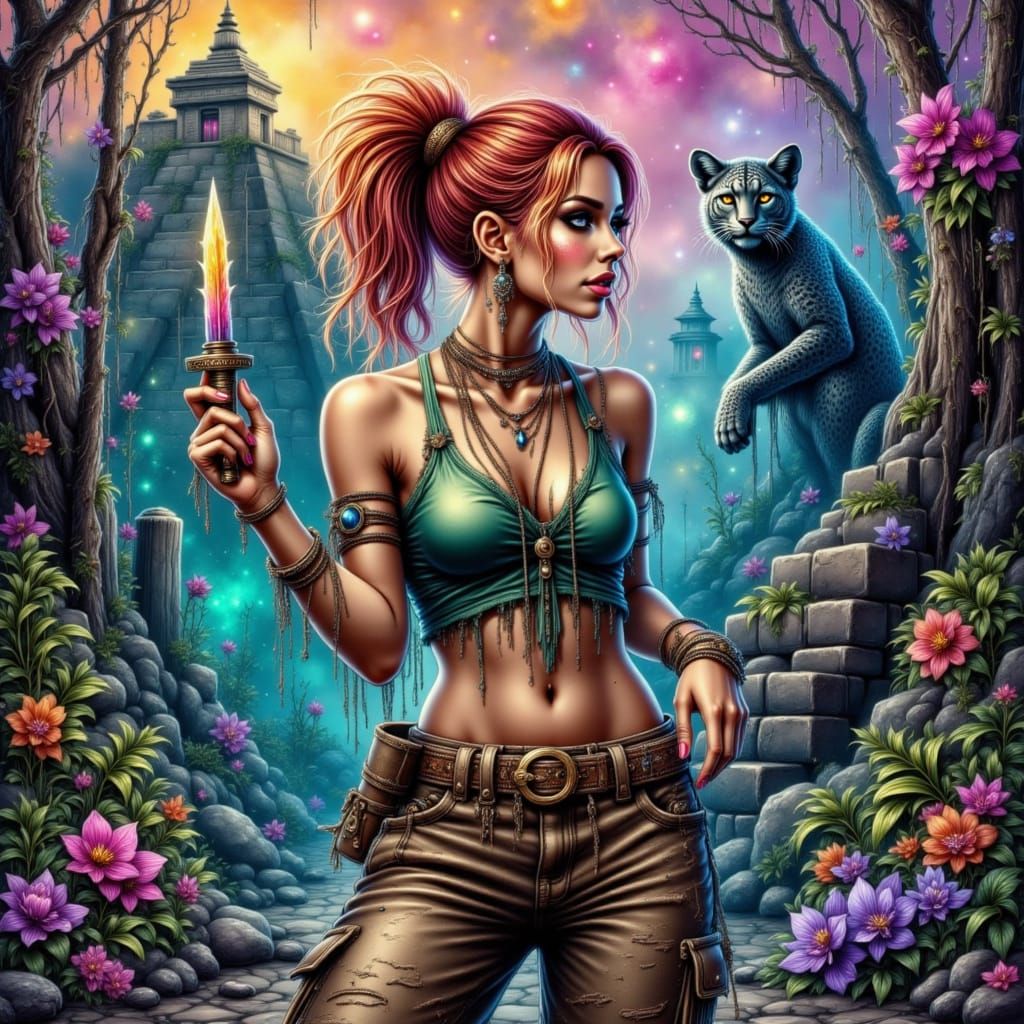 Gothic Jungle Goddess in Vibrant Watercolor and Acrylic