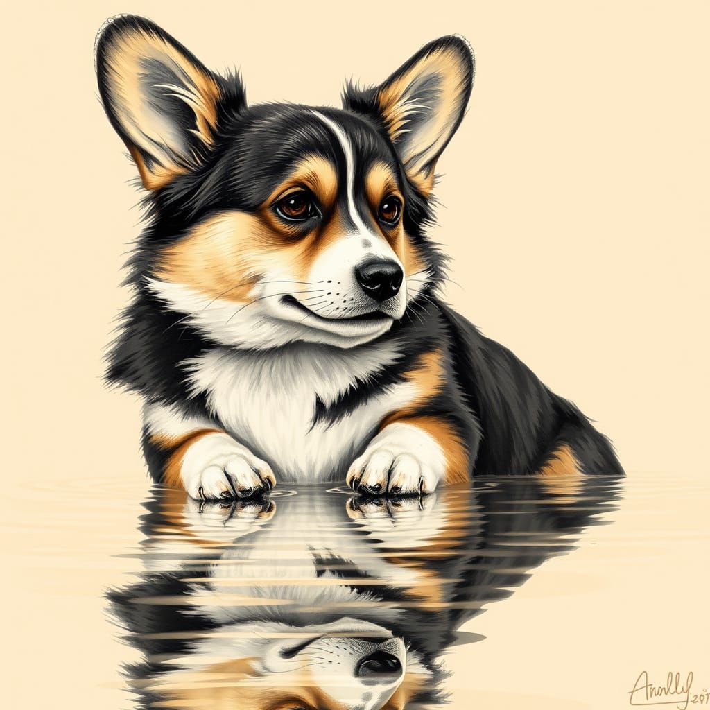 Corgi, Pencil Sketch, Sepia