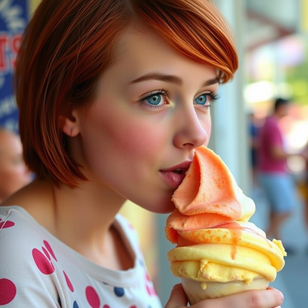 Redhead Girl Licking Multicolored Ice Cream