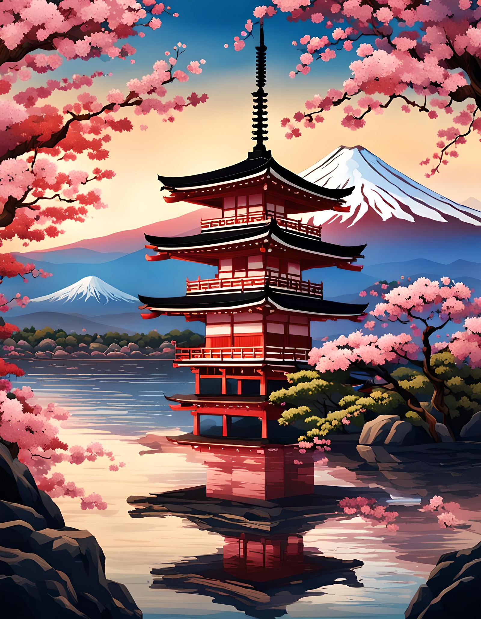 Japanese Lake with Sakura, Pagoda, and Mount Fuji