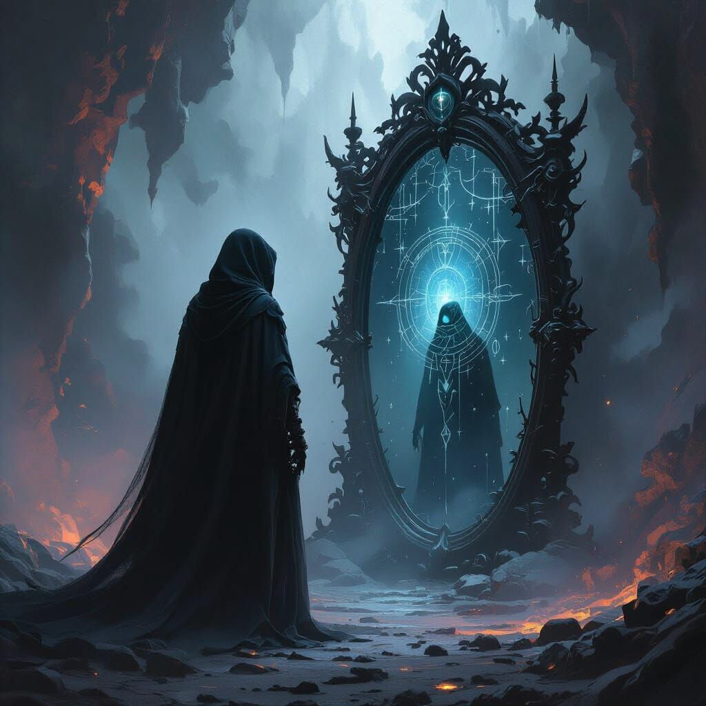 Mysterious Figure Before Ancient Mirror Reflecting Forgotten...