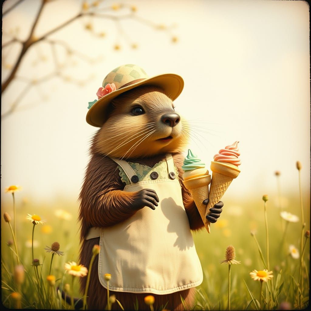 Beaver Serving Ice Cream in Beatrix Potter Style