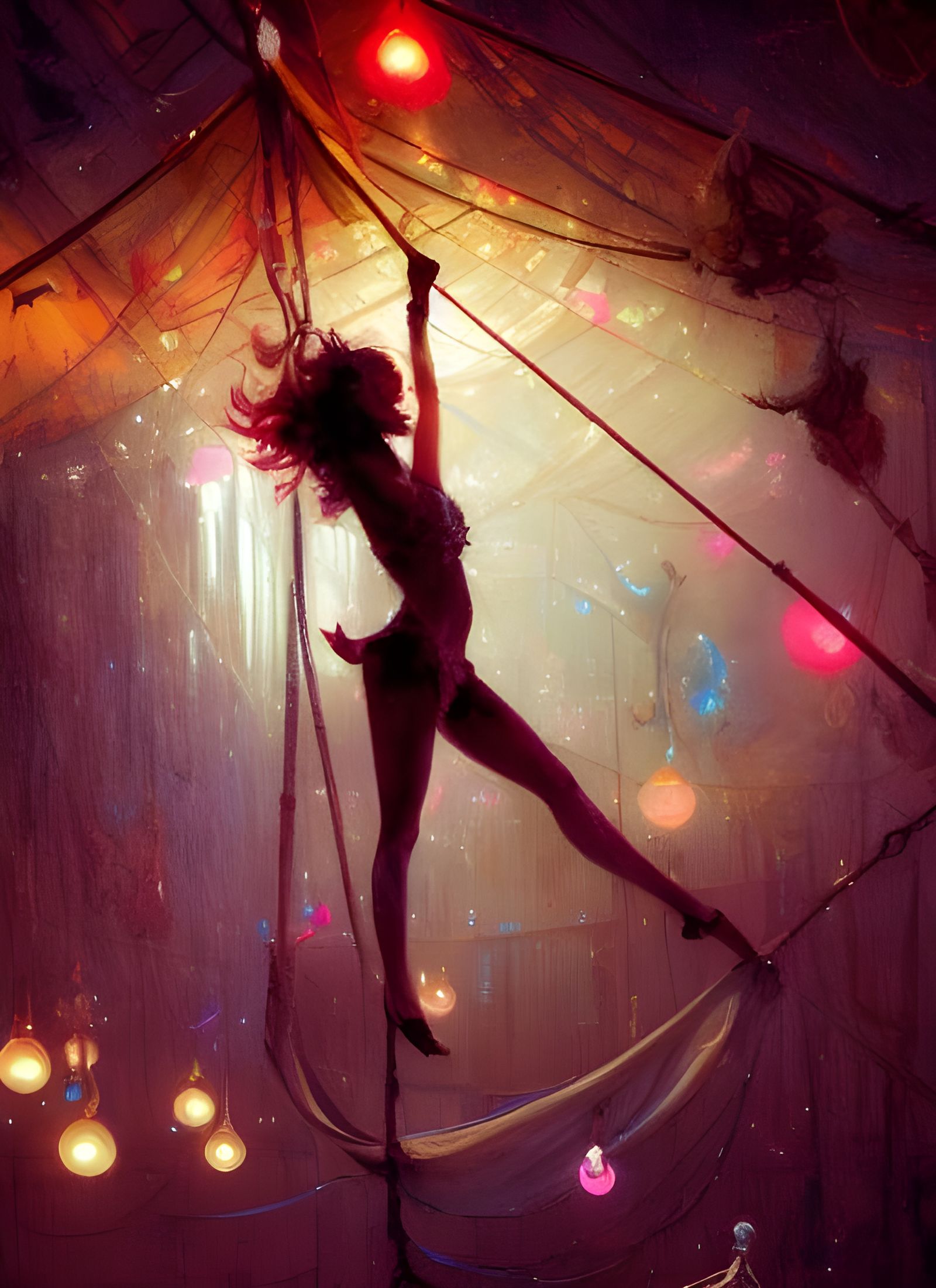Glowing Trapeze Artist in Vibrant Circus Tent